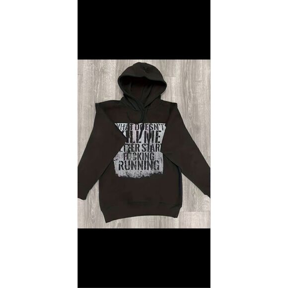 Black hoodie with hillarious writing , drawstring hood & light weight . Tag say - Picture 2 of 15